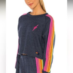 Aviator Nation Bolt Cropped Classic Crewneck in Heather Navy Neon size M euc